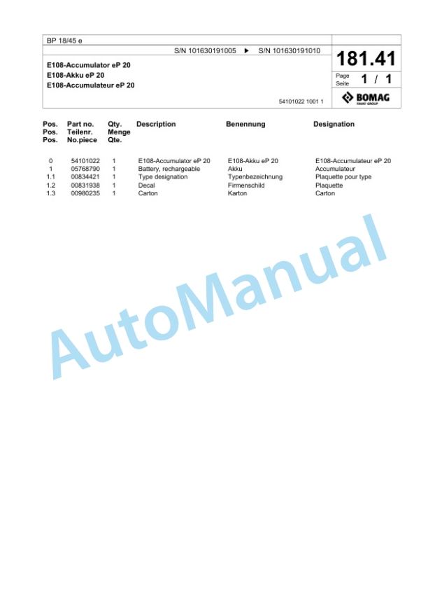 Bomag BP 18-45 e Vibratory Plate Compactor Spare Parts Catalogue 00826753 4 Bomag BP 18-45 e Vibratory Plate Compactor Spare Parts Catalogue 00826753-4