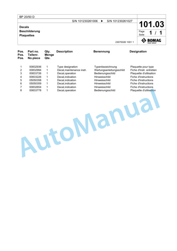 Bomag BP 20-50 D Vibratory Plate Compactor Spare Parts Catalogue 00825031-5