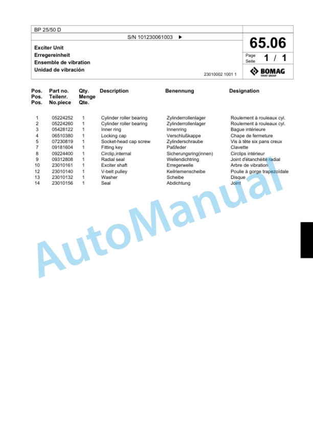 Bomag BP 25-50 D Vibratory Plate Compactor Spare Parts Catalogue 00818649-5
