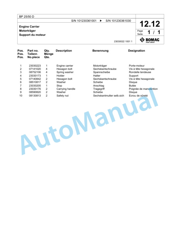 Bomag BP 25-50 D Vibratory Plate Compactor Spare Parts Catalogue 00825509-2