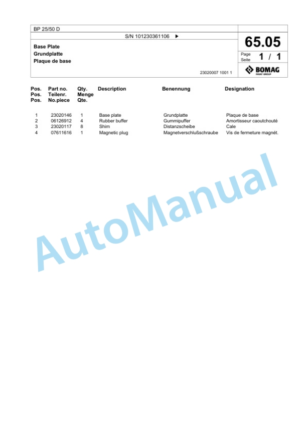 Bomag BP 25-50 D Vibratory Plate Compactor Spare Parts Catalogue 00825509-3