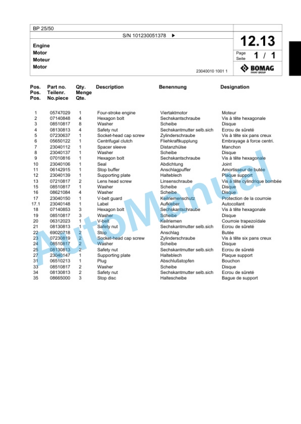 Bomag BP 25-50 Vibratory Plate Compactor Spare Parts Catalogue 00824071 2 Bomag BP 25-50 Vibratory Plate Compactor Spare Parts Catalogue 00824071-2