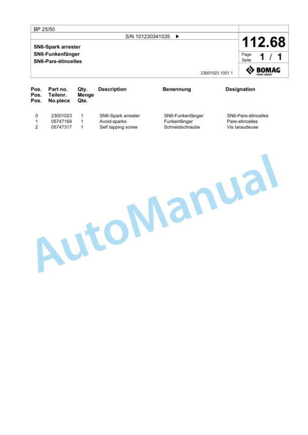 Bomag BP 25-50 Vibratory Plate Compactor Spare Parts Catalogue 00825505-4