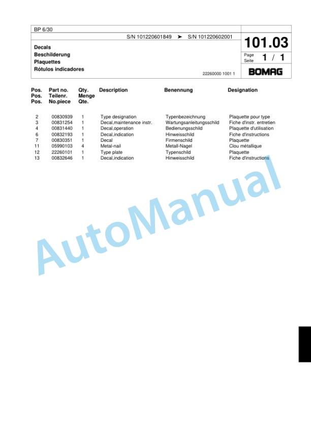 Bomag BP 6-30 Vibratory Plate Compactor Spare Parts Catalogue 00817428 5 Bomag BP 6-30 Vibratory Plate Compactor Spare Parts Catalogue 00817428-5