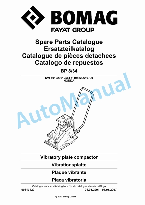 Bomag BP 8-34 Vibratory Plate Compactor Spare Parts Catalogue 00817429 1 Bomag BP 8-34 Vibratory Plate Compactor Spare Parts Catalogue 00817429