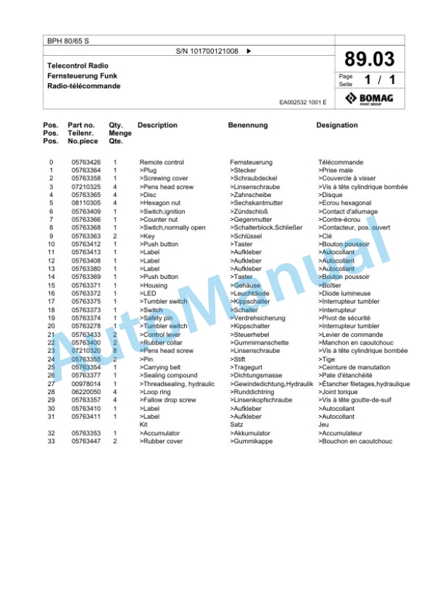 Bomag BPH 80-65 S Vibratory Plate Compactor Spare Parts Catalogue 00818011 3 Bomag BPH 80-65 S Vibratory Plate Compactor Spare Parts Catalogue 00818011-3