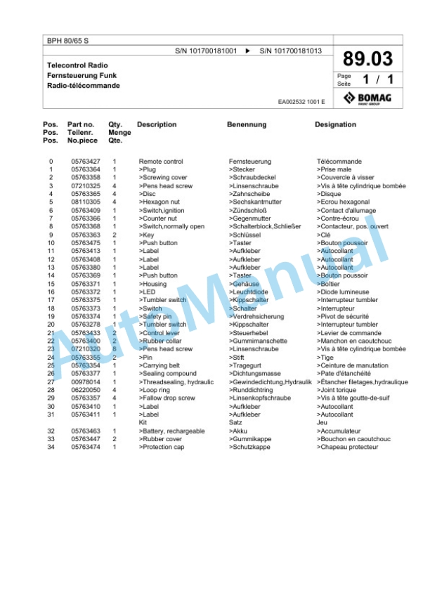Bomag BPH 80-65 S Vibratory Plate Compactor Spare Parts Catalogue 00825511 3 Bomag BPH 80-65 S Vibratory Plate Compactor Spare Parts Catalogue 00825511-3