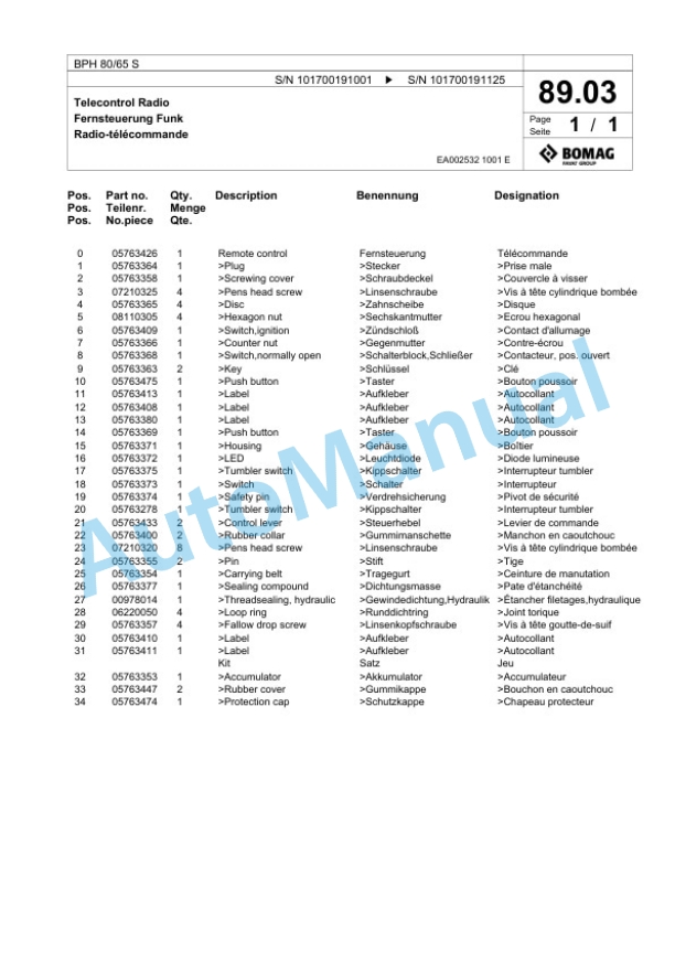 Bomag BPH 80-65 S Vibratory Plate Compactor Spare Parts Catalogue 00825779 3 Bomag BPH 80-65 S Vibratory Plate Compactor Spare Parts Catalogue 00825779-3