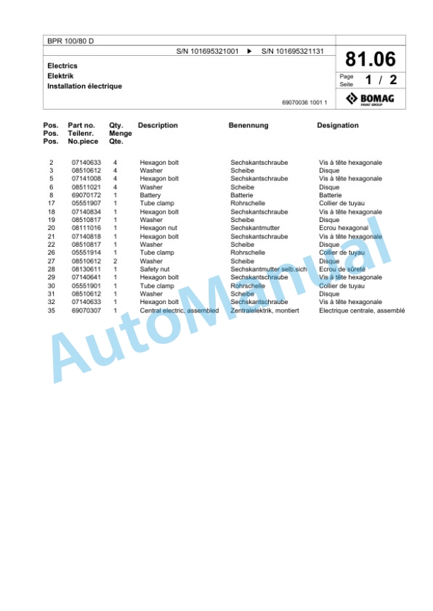 Bomag BPR 100-80 D Vibratory Plate Compactor Spare Parts Catalogue 00825793 4 Bomag BPR 100-80 D Vibratory Plate Compactor Spare Parts Catalogue 00825793-4