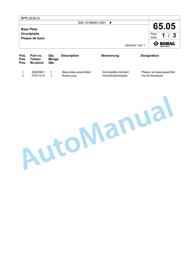 Bomag BPR 25-50 D Vibratory Plate Compactor Spare Parts Catalogue 00825525 3 Bomag BPR 25-50 D Vibratory Plate Compactor Spare Parts Catalogue 00825525-3