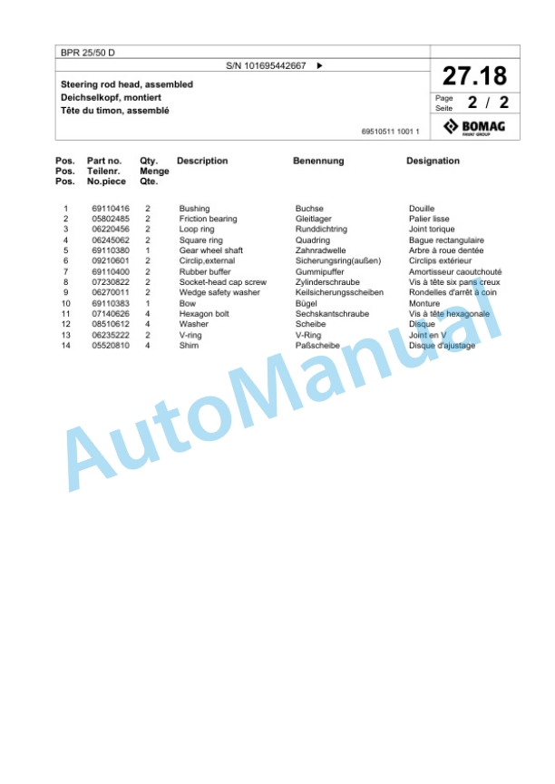 Bomag BPR 25-50 D Vibratory Plate Compactor Spare Parts Catalogue 00826511 2 Bomag BPR 25-50 D Vibratory Plate Compactor Spare Parts Catalogue 00826511-2