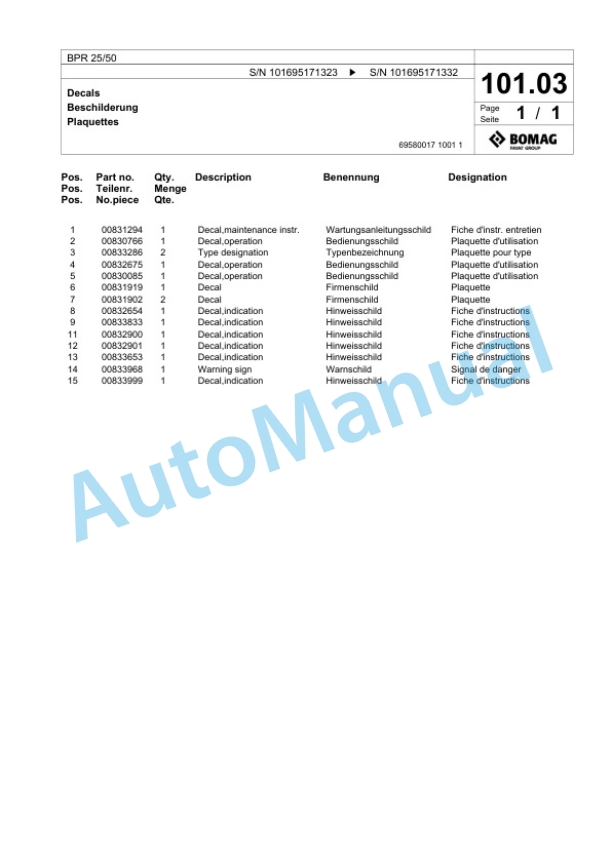 Bomag BPR 25-50 Vibratory Plate Compactor Spare Parts Catalogue 00825791 4 Bomag BPR 25-50 Vibratory Plate Compactor Spare Parts Catalogue 00825791-4
