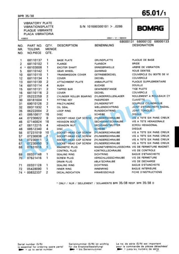 Bomag BPR 30-38, BPR 35-38 Vibratory Plate Compactor Spare Parts Catalogue 00813344 5 Bomag BPR 30-38, BPR 35-38 Vibratory Plate Compactor Spare Parts Catalogue 00813344-5