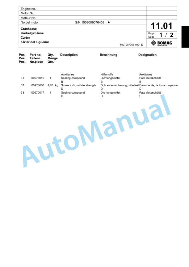 Bomag BPR 30-38 D-3 Vibratory Plate Compactor Spare Parts Catalogue 00817707 2 Bomag BPR 30-38 D-3 Vibratory Plate Compactor Spare Parts Catalogue 00817707-2