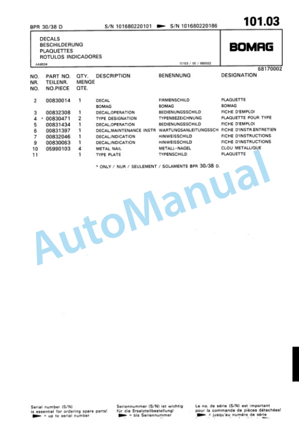 Bomag BPR 30-38 D, BPR 35-38 D Vibratory Plate Compactor Spare Parts Catalogue 00810210 4 Bomag BPR 30-38 D, BPR 35-38 D Vibratory Plate Compactor Spare Parts Catalogue 00810210-4