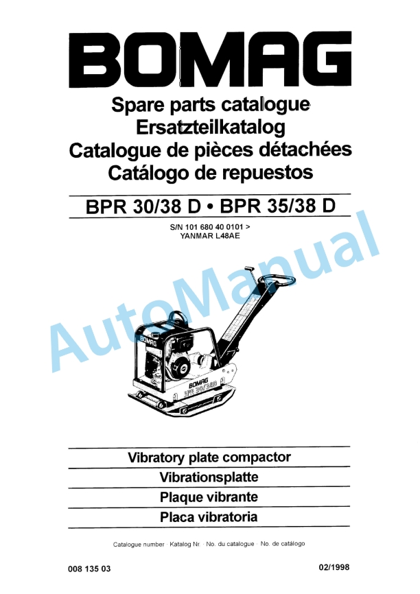 Bomag BPR 30-38 D, BPR 35-38 D Vibratory Plate Compactor Spare Parts Catalogue 00813503 1 Bomag BPR 30-38 D, BPR 35-38 D Vibratory Plate Compactor Spare Parts Catalogue 00813503