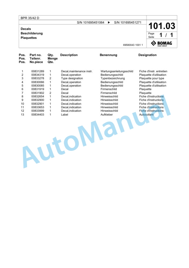 Bomag BPR 35-42 D Vibratory Plate Compactor Spare Parts Catalogue 00826513 5 Bomag BPR 35-42 D Vibratory Plate Compactor Spare Parts Catalogue 00826513-5