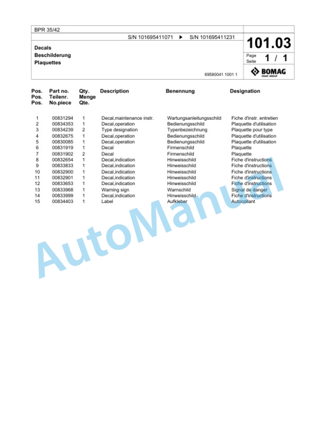 Bomag BPR 35-42 Vibratory Plate Compactor Spare Parts Catalogue 00826397 5 Bomag BPR 35-42 Vibratory Plate Compactor Spare Parts Catalogue 00826397-5