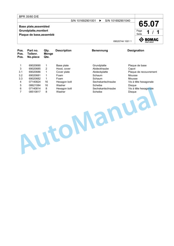 Bomag BPR 35-60 D-E Vibratory Plate Compactor Spare Parts Catalogue 00824773 3 Bomag BPR 35-60 D-E Vibratory Plate Compactor Spare Parts Catalogue 00824773-3