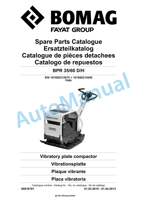 Bomag BPR 35-60 D-H Vibratory Plate Compactor Spare Parts Catalogue 00818761