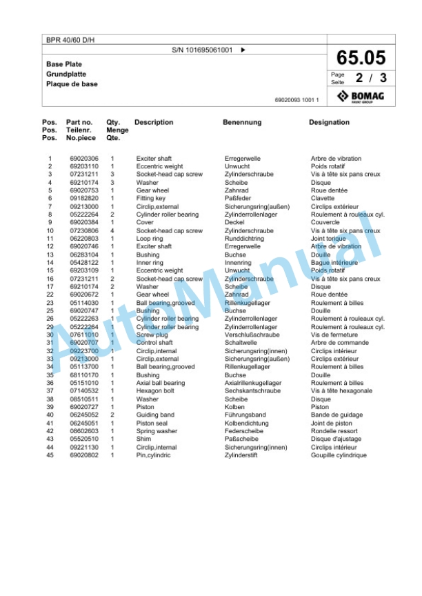 Bomag BPR 40-60 D-H Vibratory Plate Compactor Spare Parts Catalogue 00825543-5