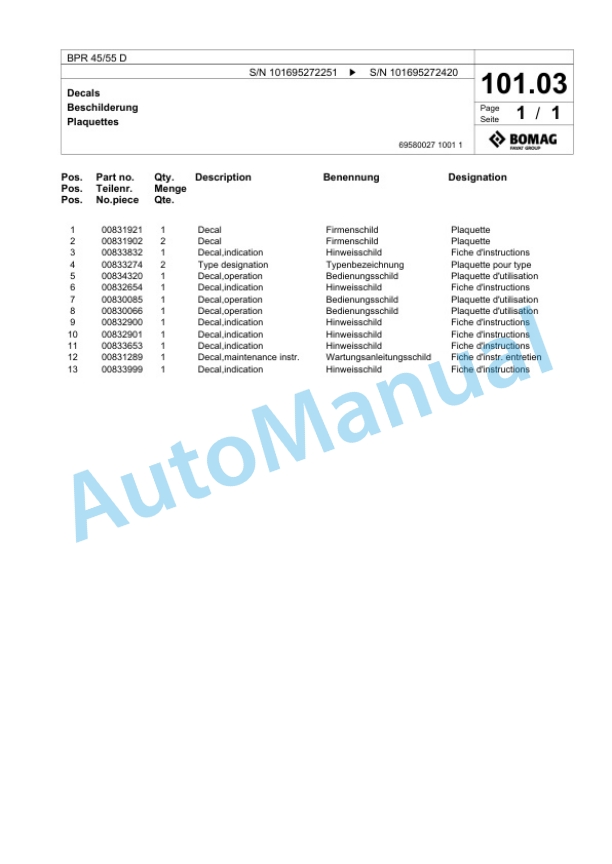 Bomag BPR 45-55 D Vibratory Plate Compactor Spare Parts Catalogue 00825803 4 Bomag BPR 45-55 D Vibratory Plate Compactor Spare Parts Catalogue 00825803-4