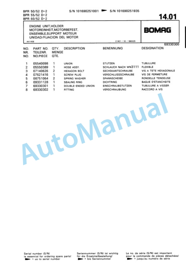 Bomag BPR 50-52 D-2. BPR 55-52 D-2, BPR 60-52 D-2 Vibratory Plate Compactor Spare Parts Catalogue 00811350 5 Bomag BPR 50-52 D-2. BPR 55-52 D-2, BPR 60-52 D-2 Vibratory Plate Compactor Spare Parts Catalogue 00811350-5