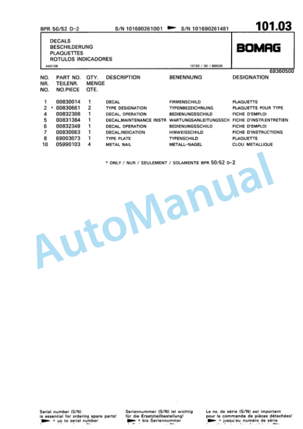 Bomag BPR 50-52 D-2. BPR 55-52 D-2, BPR 60-52 D-2 Vibratory Plate Compactor Spare Parts Catalogue 00811351 5 Bomag BPR 50-52 D-2. BPR 55-52 D-2, BPR 60-52 D-2 Vibratory Plate Compactor Spare Parts Catalogue 00811351-5