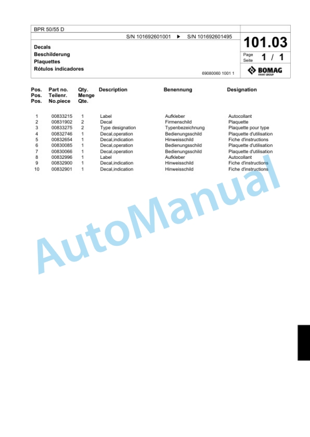 Bomag BPR 50-55 D Vibratory Plate Compactor Spare Parts Catalogue 00824323 5 Bomag BPR 50-55 D Vibratory Plate Compactor Spare Parts Catalogue 00824323-5