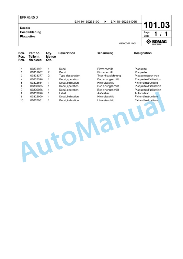 Bomag BPR 60-65 D Vibratory Plate Compactor Spare Parts Catalogue 00824777 4 Bomag BPR 60-65 D Vibratory Plate Compactor Spare Parts Catalogue 00824777-4