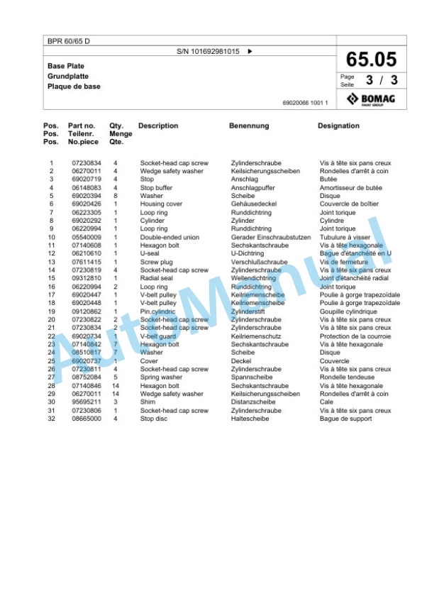 Bomag BPR 60-65 D Vibratory Plate Compactor Spare Parts Catalogue 00825019 3 Bomag BPR 60-65 D Vibratory Plate Compactor Spare Parts Catalogue 00825019-3