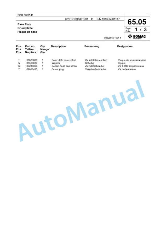 Bomag BPR 60-65 D Vibratory Plate Compactor Spare Parts Catalogue 00826337 2 Bomag BPR 60-65 D Vibratory Plate Compactor Spare Parts Catalogue 00826337-2