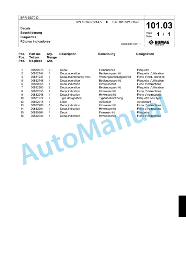 Bomag BPR 65-70 D Vibratory Plate Compactor Spare Parts Catalogue 00818567 5 Bomag BPR 65-70 D Vibratory Plate Compactor Spare Parts Catalogue 00818567-5
