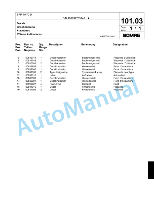 Bomag BPR 70-70 D Vibratory Plate Compactor Spare Parts Catalogue 00818747 5 Bomag BPR 70-70 D Vibratory Plate Compactor Spare Parts Catalogue 00818747-5