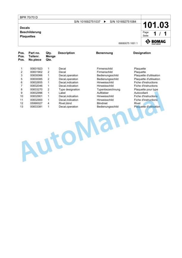 Bomag BPR 70-70 D Vibratory Plate Compactor Spare Parts Catalogue 00824377 5 Bomag BPR 70-70 D Vibratory Plate Compactor Spare Parts Catalogue 00824377-5
