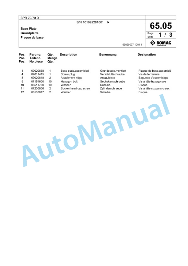 Bomag BPR 70-70 D Vibratory Plate Compactor Spare Parts Catalogue 00825557 3 Bomag BPR 70-70 D Vibratory Plate Compactor Spare Parts Catalogue 00825557-3