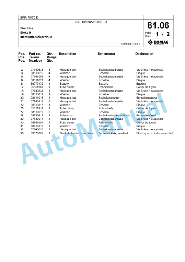 Bomag BPR 70-70 D Vibratory Plate Compactor Spare Parts Catalogue 00825557 4 Bomag BPR 70-70 D Vibratory Plate Compactor Spare Parts Catalogue 00825557-4