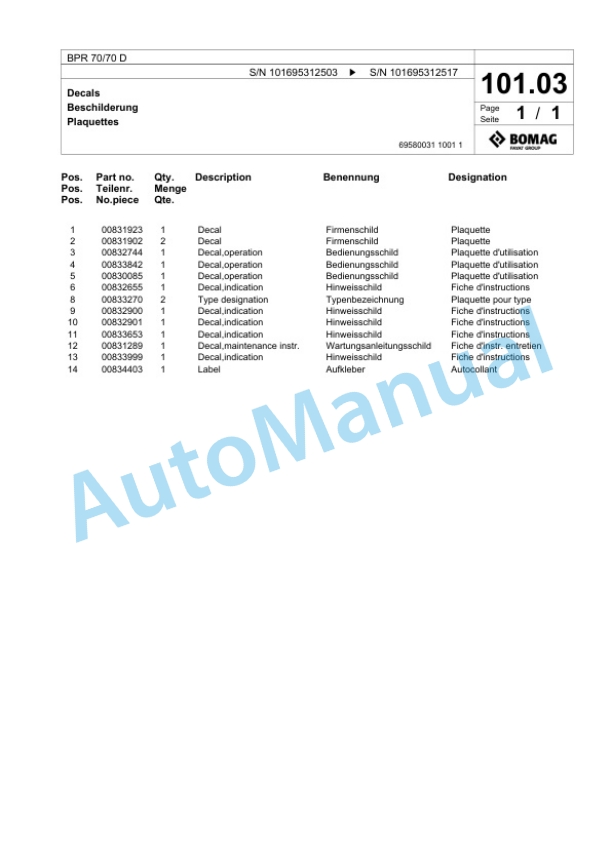Bomag BPR 70-70 D Vibratory Plate Compactor Spare Parts Catalogue 00825797 5 Bomag BPR 70-70 D Vibratory Plate Compactor Spare Parts Catalogue 00825797-5