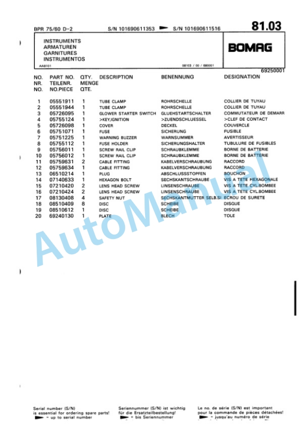 Bomag BPR 75-60 D-2 Vibratory Plate Compactor Spare Parts Catalogue 00817852 5 Bomag BPR 75-60 D-2 Vibratory Plate Compactor Spare Parts Catalogue 00817852-5