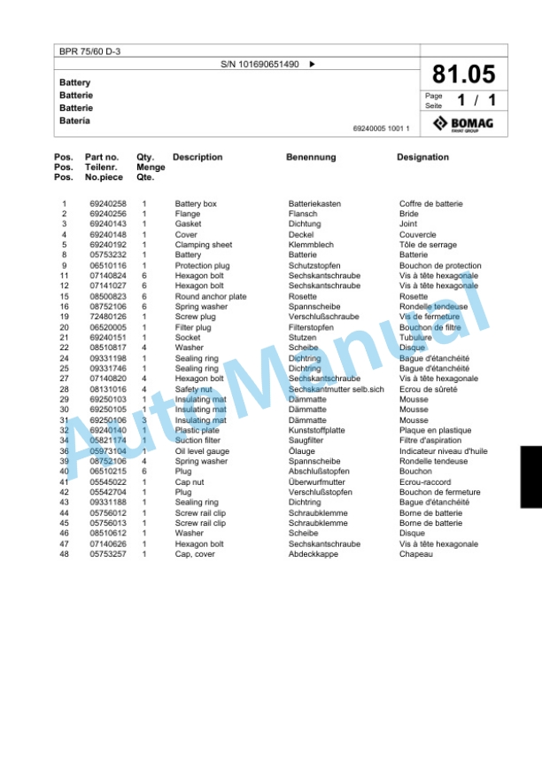Bomag BPR 75-60 D-3 Vibratory Plate Compactor Spare Parts Catalogue 00817446 5 Bomag BPR 75-60 D-3 Vibratory Plate Compactor Spare Parts Catalogue 00817446-5