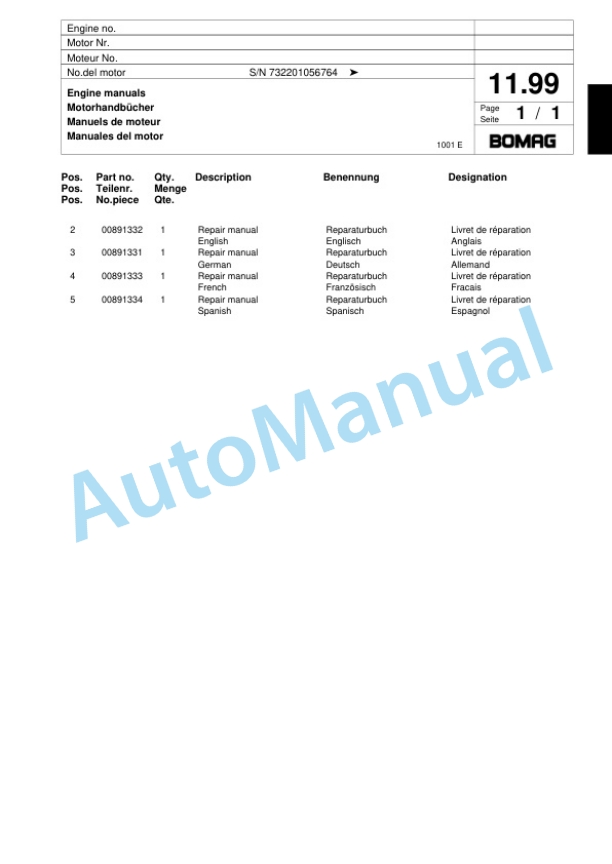 Bomag BPR 75-60 HD-3 Vibratory Plate Compactor Spare Parts Catalogue 00817447-2