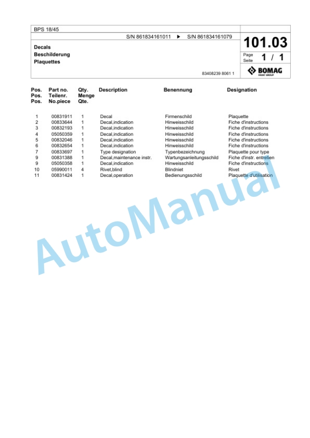 Bomag BPS 18-45 Vibratory Plate Compactor Spare Parts Catalogue 00825081 4 Bomag BPS 18-45 Vibratory Plate Compactor Spare Parts Catalogue 00825081-4