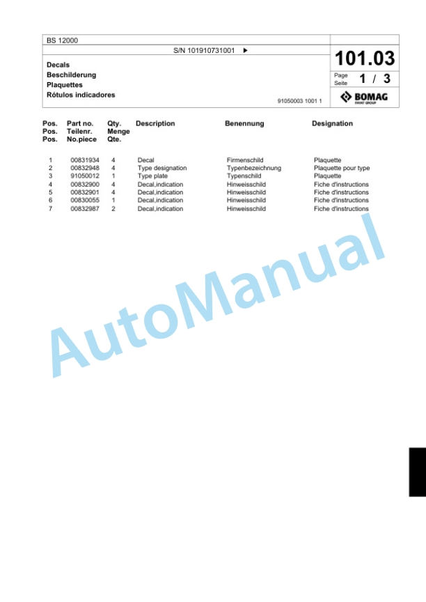 Bomag BS 12000 Tractor-Towed Spreader Spare Parts Catalogue 00824291 4 Bomag BS 12000 Tractor-Towed Spreader Spare Parts Catalogue 00824291-4