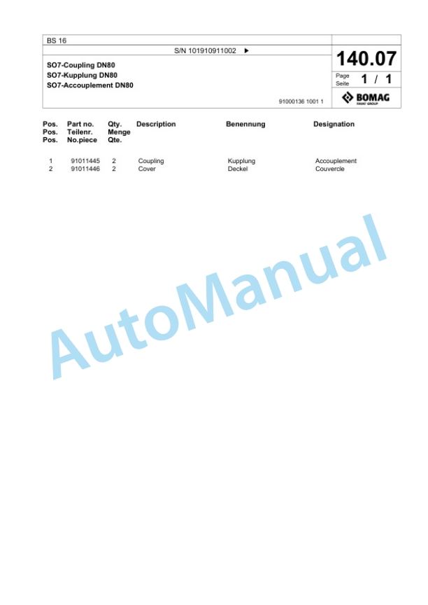 Bomag BS 16 Tractor-Towed Spreader Spare Parts Catalogue 00826541-5