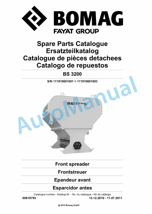 Bomag BS 3200 Front Spreader Spare Parts Catalogue 00818793 1 Bomag BS 3200 Front Spreader Spare Parts Catalogue 00818793