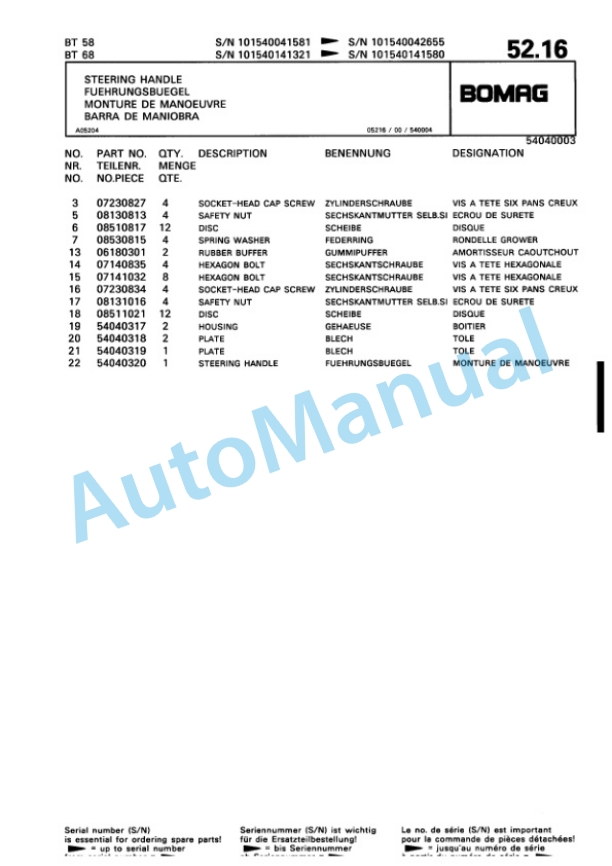Bomag BT 58, BT 68 Vibratory Tamper Spare Parts Catalogue 00813219 3 Bomag BT 58, BT 68 Vibratory Tamper Spare Parts Catalogue 00813219-3