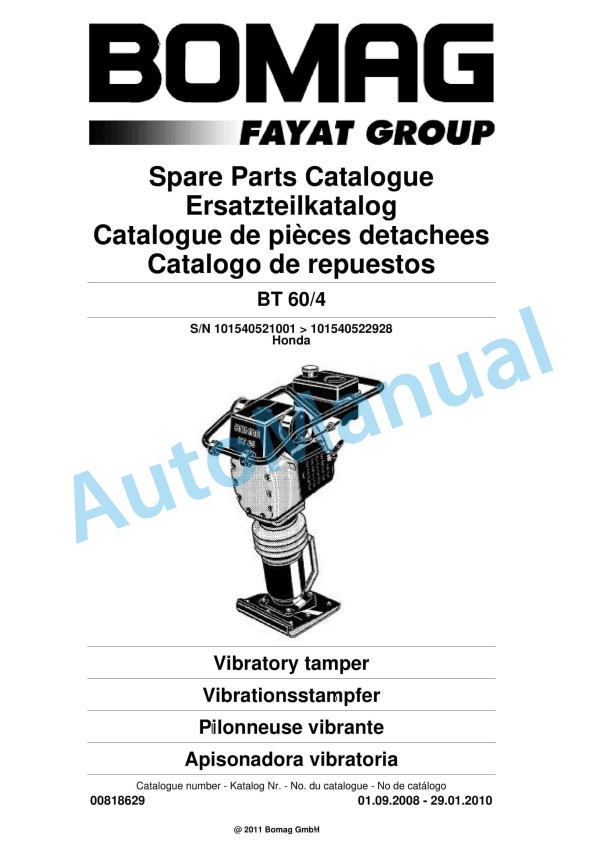 Bomag BT 60-4 Vibratory Tamper Spare Parts Catalogue 00818629