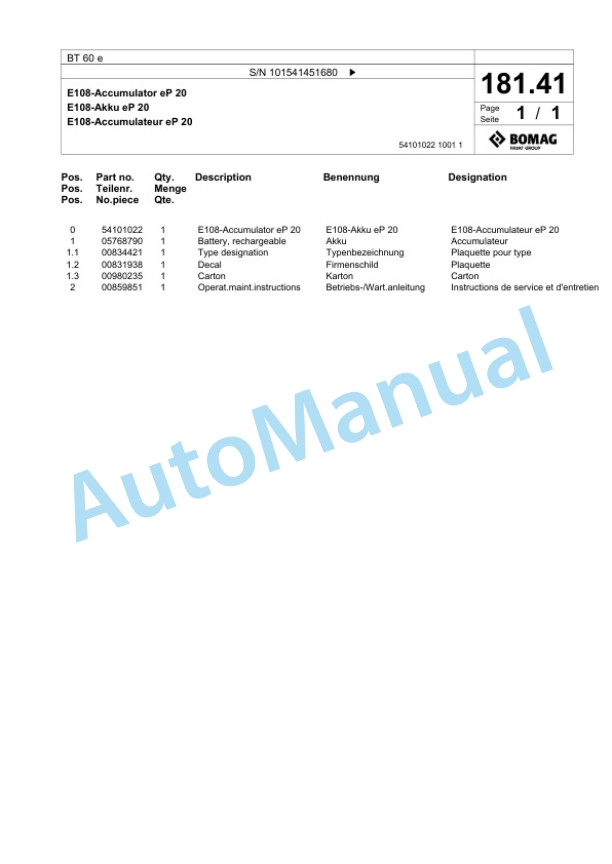 Bomag BT 60 e Vibratory Tamper Spare Parts Catalogue 00826577 5 Bomag BT 60 e Vibratory Tamper Spare Parts Catalogue 00826577-5