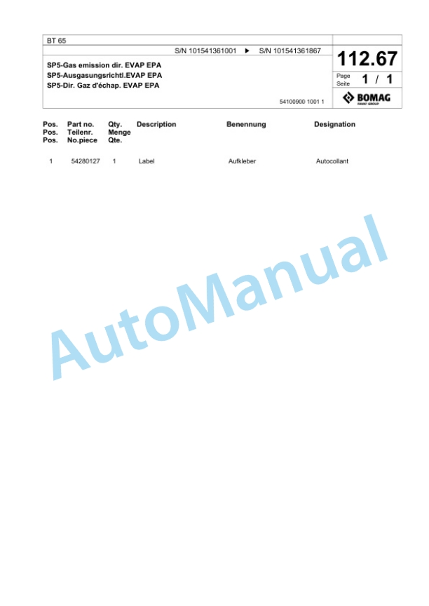 Bomag BT 65 Vibratory Tamper Spare Parts Catalogue 00825403 3 Bomag BT 65 Vibratory Tamper Spare Parts Catalogue 00825403-3
