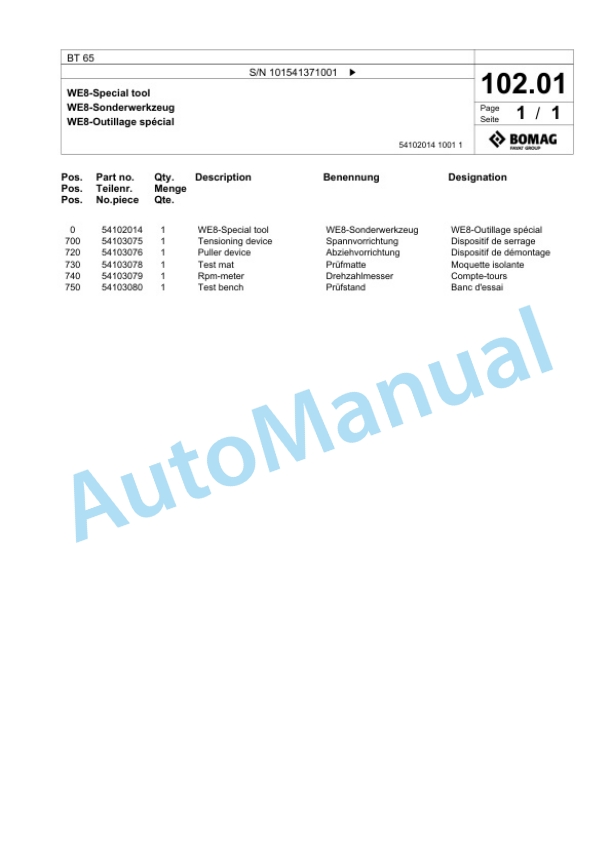 Bomag BT 65 Vibratory Tamper Spare Parts Catalogue 00825579-2